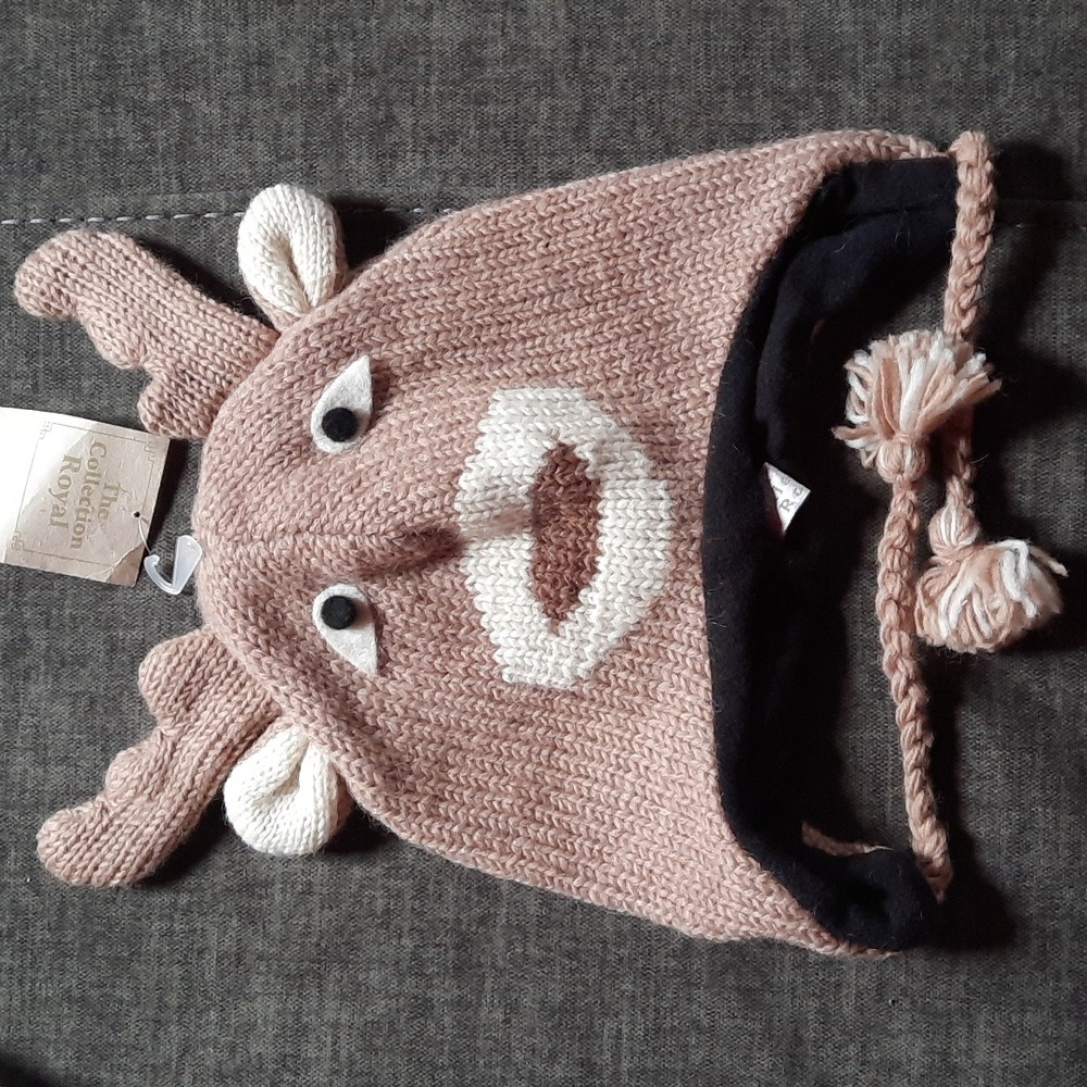 Brown Reindeer Wool Knit Hat Ear Flap Braided Ties Youth Teen Tween Headwear